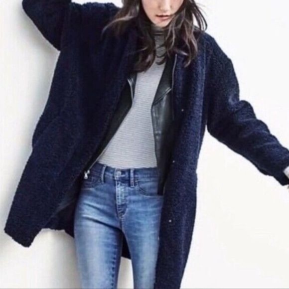 GAP | Navy Blue Oversized Long Teddy Sherpa Collarless Jacket Small - Picture 2 of 14